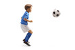 Full length profile shot of a little boy jumping with a soccer ball