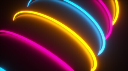 Poster - Magic round 3d render energy of glowing abstract whirlpool. Rotating rounded stripes of light in night space. Swirling volumetric electric tube with realistic smooth flashes