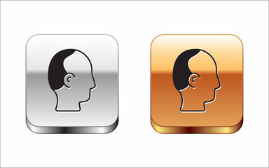 Poster - Black Baldness icon isolated on white background. Alopecia. Silver and gold square buttons. Vector