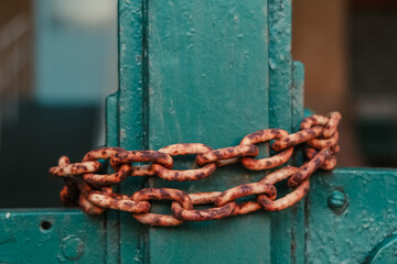 Wall Mural - Close-up shot of a green weathered gate locked on a chain