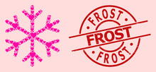 Textured Frost Stamp, And Pink Love Heart Collage For Snowflake. Red Round Stamp Has Frost Caption Inside Circle. Snowflake Collage Is Done From Pink Dating Icons.