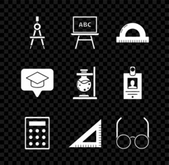 Wall Mural - Set Drawing compass, Chalkboard, Protractor grid for measuring degrees, Calculator, Triangular ruler, Glasses, Graduation cap speech bubble and test tube flask fire icon. Vector