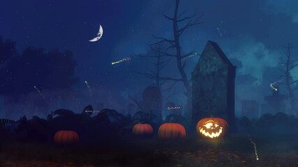 Wall Mural - jack-o-lantern carved halloween pumpkins and mystical fairy firefly lights at abandoned old scary ce