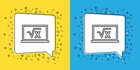 Sticker - Set line Square root of x glyph on chalkboard icon isolated on yellow and blue background. Mathematical expression. Vector