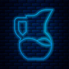 Poster - Glowing neon line Milk jug or pitcher icon isolated on brick wall background. Vector