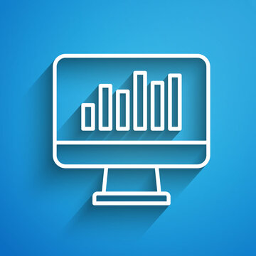White line Computer monitor with graph chart icon isolated on blue background. Report text file icon. Accounting sign. Audit, analysis, planning. Long shadow. Vector