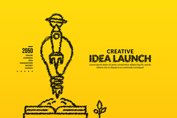 Wall Mural - Rocket with light bulb launching out of the book background, Creative ideas and innovation start up concept