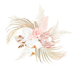 Wall Mural - Trendy dried palm leaves, blush pink rose, pale protea, white orchid, magnolia