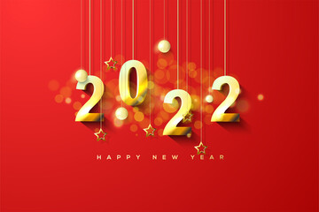 Wall Mural - Happy new year 2022 with gold numbers hanging.