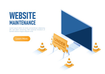 Poster - Isometric Web Banner PC Monitor with Under Construction Barrier and Traffic Cones