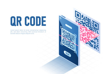 Poster - Isometric Web Banner Smartphone with a Scaner Scanning QR Code