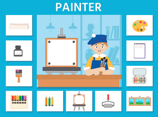 Wall Mural - Educational game for kids. Puzzle. Learning cards. Professions. Painter and art tools. Preschool worksheet activity. Vector illustration