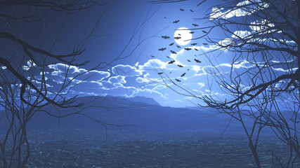 Wall Mural - 3d spooky halloween landscape with flying bats