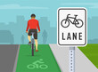 Bicycle driving tips. Back view of people cycling on bike path. City bike lane traffic or road sign. Flat vector illustration template.