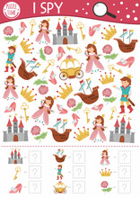 Fairytale Fantasy I Spy Game For Kids. Searching And Counting Activity With Castle, Princess, Prince. Magic Kingdom Printable Worksheet For Preschool Children. Simple Fairy Tale Spotting Puzzle.