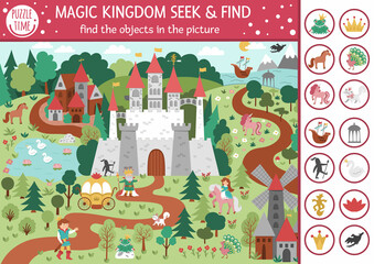 Wall Mural - Vector fairytale searching game with medieval castle landscape. Spot hidden objects in the picture. Simple fantasy seek and find magic kingdom educational printable activity for kids.