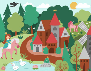 vector medieval village landscape with princess and pink unicorn. magic kingdom picture. stone and w