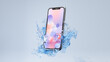 3d rendered image of smartphone splashing into water on blue background