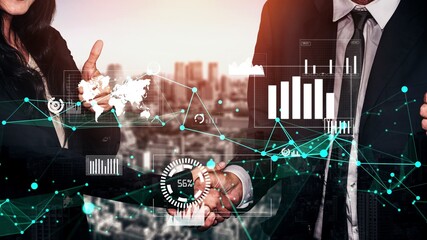 Poster - conceptual business handshake with dashboard for financial data analysis . 3d render computer graphi