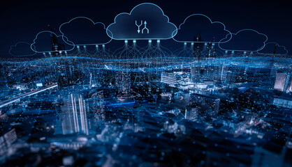 Fototapete - Cloud computing and download concept. Double exposure smart city.Abstract glowing clouds hologram on night city background.