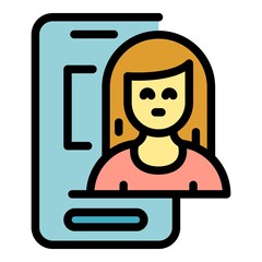 Poster - Woman smartphone interaction icon. Outline woman smartphone interaction vector icon color flat isolated
