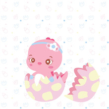 Baby Pink Dinosaur Hatch From Yellow Dots And Pink Egg On Cute Background Which Is Full Of Milk Bottles,footprints And Leaves.