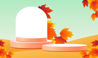 podium stage autumn season paper art colorful for show banner sale vector illustation