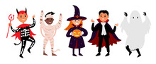 Halloween Characters Of Little Kids In Festive Costumes Of Mummy, Witch, Pumpkin, Ghost. Vector Illustration Set Of Diverse Characters In Halloween Outfit In Flat Cartoon Style Isolated On White
