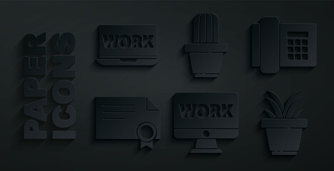 Poster - Set Monitor with text work, Telephone, Certificate template, Plant in pot, Cactus and succulent and Laptop icon. Vector