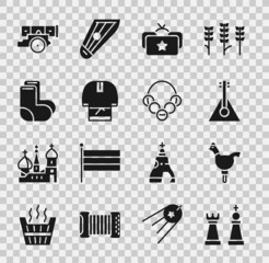 Poster - Set Chess, Cockerel lollipop, Balalaika, Ushanka, Kosovorotka, Valenki, Cannon and Russian bagels icon. Vector