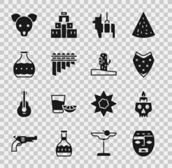 Poster - Set Aztec mask, Burning candle on skull, Poncho, Pinata, Pan flute, Tequila bottle, Dog and Cactus icon. Vector