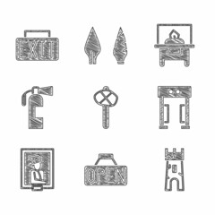 Canvas Print - Set Stone age hammer, Hanging sign with Open, Castle tower, Metal detector, Portrait museum, Fire extinguisher, Glass showcase for exhibit and Exit icon. Vector