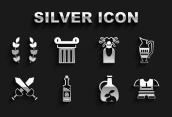 Sticker - Set Bottle of wine, Ancient amphorae, Body armor, olive oil, Crossed medieval sword, Medusa Gorgon, Laurel wreath and column icon. Vector