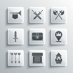 Sticker - Set Decree, parchment, scroll, Castle tower, Location king crown, Antique treasure chest, Crossed arrows, Medieval sword, Trumpet with flag and medieval axes icon. Vector