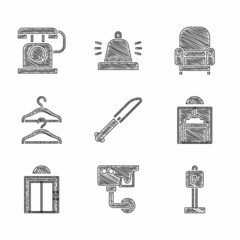 Canvas Print - Set Knife, Security camera, Parking, Lift, Hanger wardrobe, Armchair and Telephone handset icon. Vector