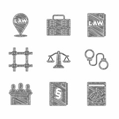 Canvas Print - Set Scales of justice, Law book, Evidence bag and bullet, Handcuffs, Jurors, Prison window, and Location law icon. Vector