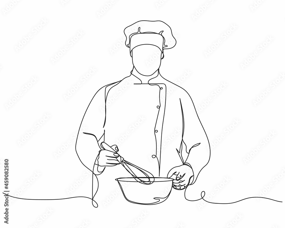 Continuous one line drawing of chef cooking in silhouette on a white ...