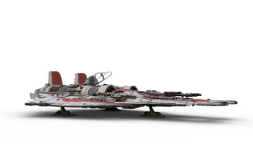 Poster - 3D rendering of a science fiction fantasy fighter jet powered space ship parked on the ground isolated on a white background.