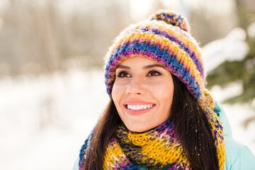 Sticker - Photo of young cheerful woman happy positive smile dream look empty space walk park nature winter snowy