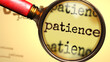 Patience and a magnifying glass on English word Patience to symbolize studying, examining or searching for an explanation and answers related to a concept of Patience, 3d illustration