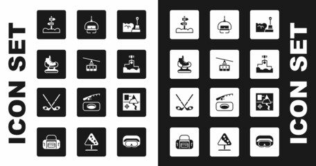 Sticker - Set Shovel in snowdrift, Cable car, Skates, Road traffic signpost, Award winner podium, Ski lift, Folded map and Ice hockey sticks icon. Vector