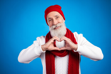 Sticker - Portrait of positive person toothy smile hands fingers make show heart symbol isolated on blue color background