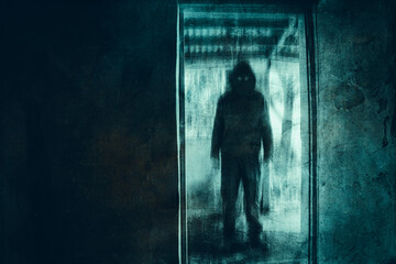 Wall Mural - A dark scary concept. Of a mysterious demon figure, with glowing eyes standing in a doorway of an abandoned house. With a grunge, textured edit.