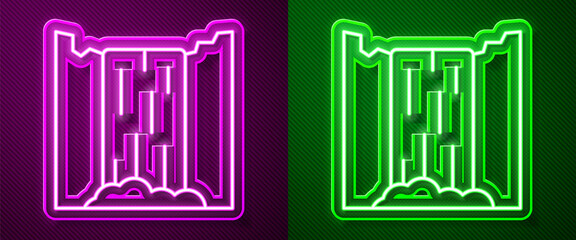 Sticker - Glowing neon line Waterfall icon isolated on purple and green background. Vector