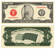 Fictional obverse and reverse of US paper money. One million dollar banknote. Statue of Liberty, stars-striped flag and guilloche frames