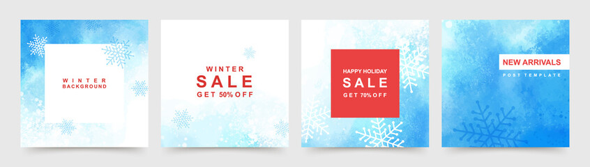 Wall Mural - Trendy square Winter Holidays  templates.  Winter sale social media post frame with snowfall and snowflakes shape.  Suitable for mobile apps, banner design and web  internet ads. Vector illustration