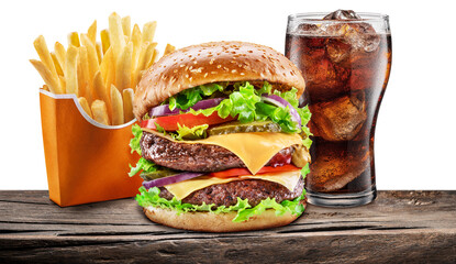 Wall Mural - Delicious cheeseburger with cola and potato fries on the white background. Fast food concept. File contains clipping path.