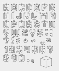 Fototapete - Vector set of  black and white characters. 3D isometric font. Contour alphabet. Vector letters, numbers and punctuation marks. Editable strokes.