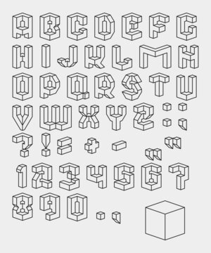 Vector set of  black and white characters. 3D isometric font. Contour alphabet. Vector letters, numbers and punctuation marks. Editable strokes.
