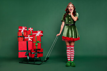 Poster - Full length body size view of pretty cheerful amazed girl elf bringing gifts isolated over green color background